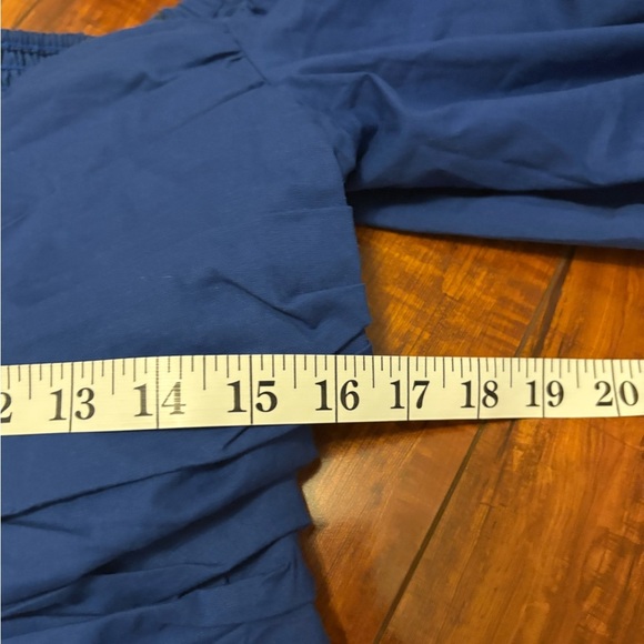 Express Blue Puff Sleeve Peplum Blouse Smocked Ruffle Hem Draped Front Top large - Picture 10 of 13